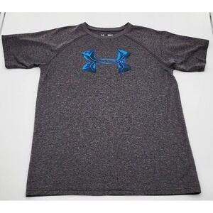 Dark Gray Boys Under Armour T Shirt Youth Large Blue Graphic Logo EUC